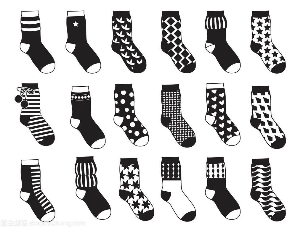 孩子的剪影襪子與不同模式。矢量單色插圖隔離